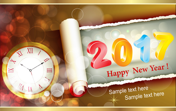 2017 card design with clock and bokeh background