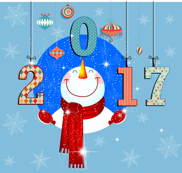 2017 new year background with funny snowman illustration