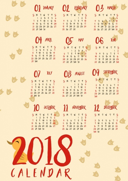 2018 calendar background duck footprints icons design