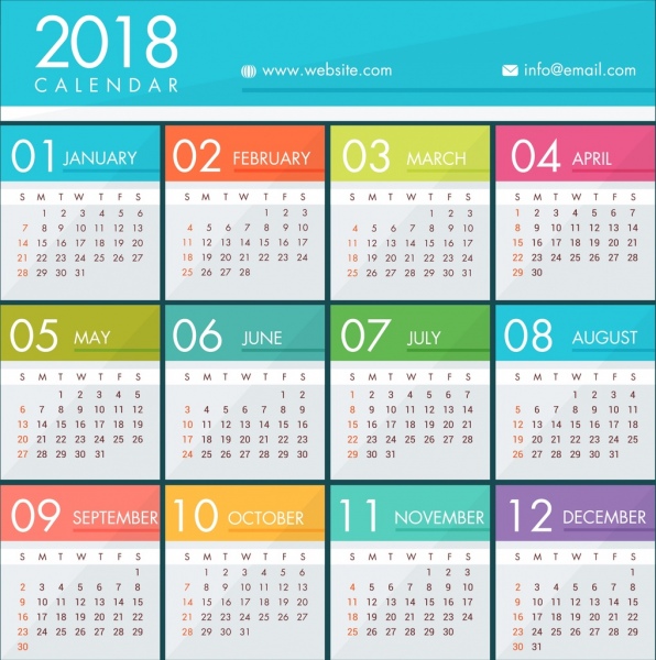 2018 calendar template bright colorful modern design