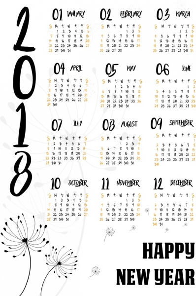 2018 calendar template dandelion icon decoration 