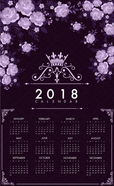 2018 calendar template dark violet decor roses icons