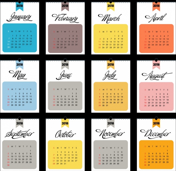 2018 calendar template flat rectangular section isolation 