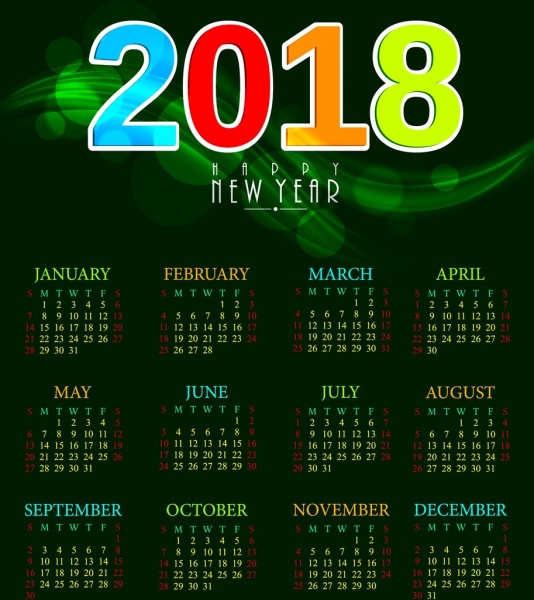 2018 calendar template green bokeh background colorful numbers 