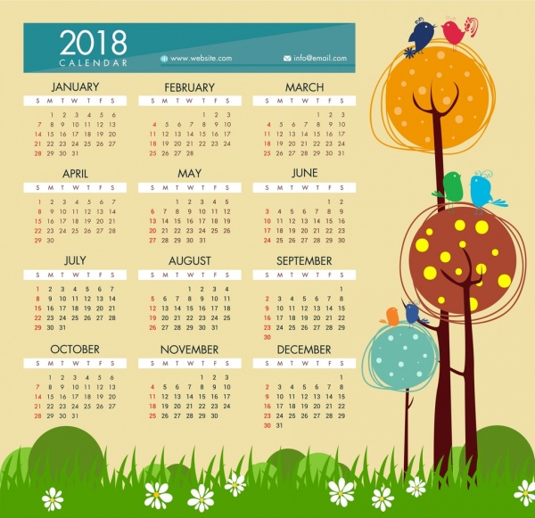 2018 calendar template hand drawn cartoon style 