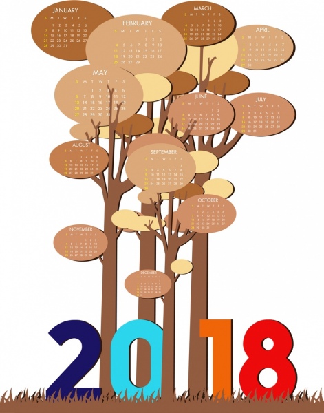 2018 calendar template tree icons decor geometric design 