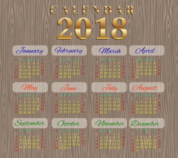 2018 calendar template wooden background design