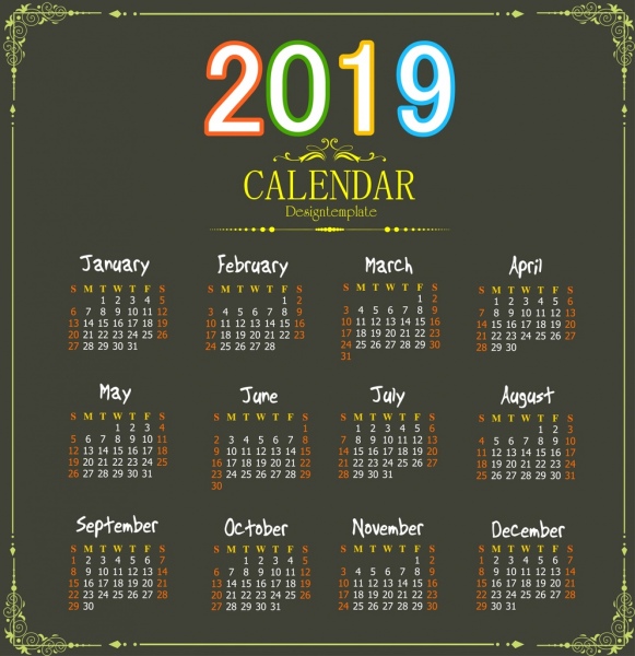 2019 calendar background elegant black decor colorful number
