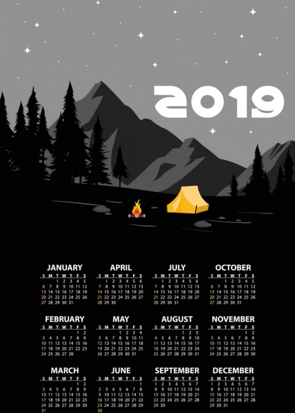 2019 calendar background mountain camp theme dark design 