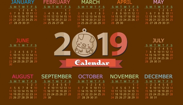 2019 calendar template brown design pig icon