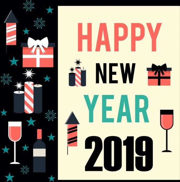 2019 new year poster gift wineglass candle icons 