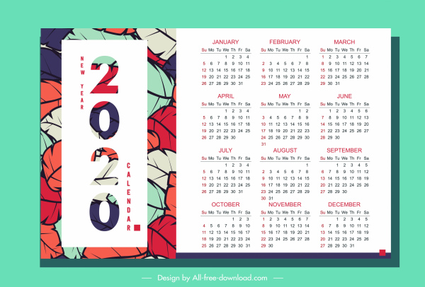 2020 calendar template colorful leaves decor vertical design