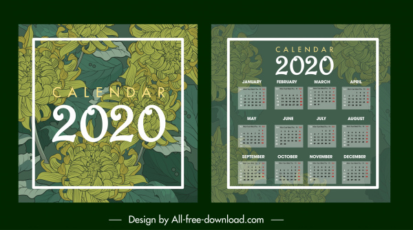 2020 calendar template dark green blurred floral sketch