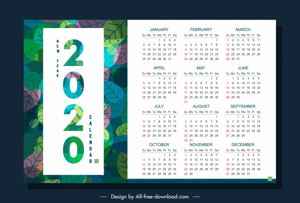 2020 calendar template nature theme colorful leaves decor