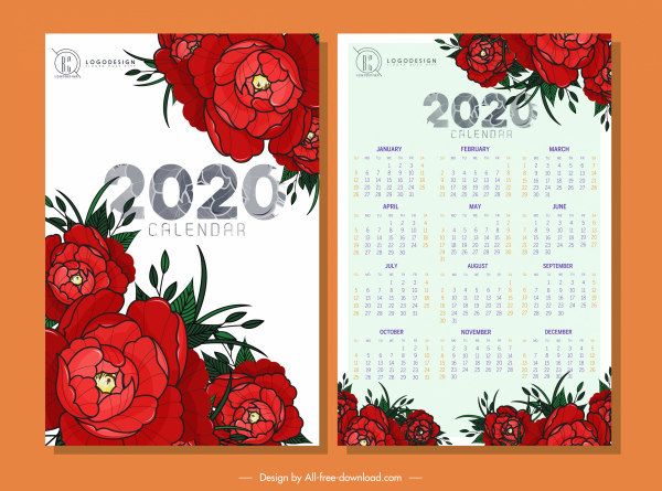2020 calendar template red roses decor