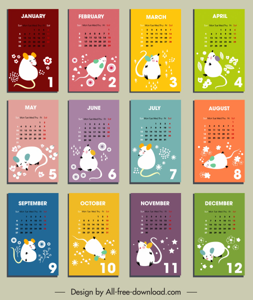 2020 calendar templates oriental decor white rat icons 