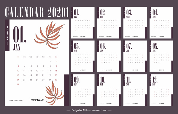 2021 calendar template classic bright white leaf decor