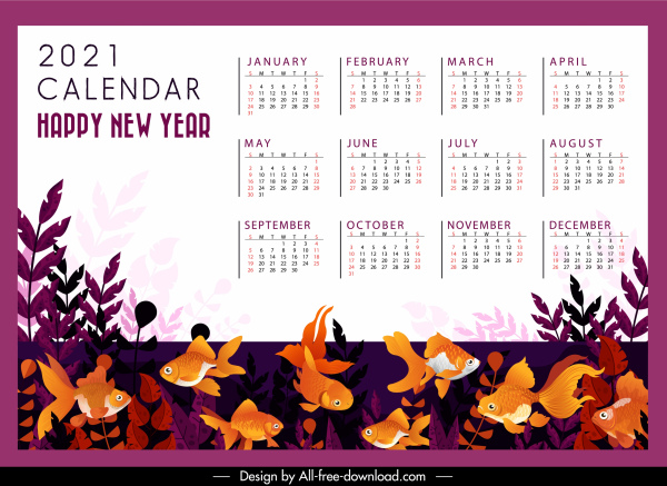 2021 calendar template classic goldfish decor