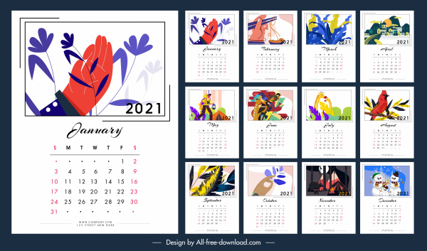 2021 calendar template colorful classical decor life themes