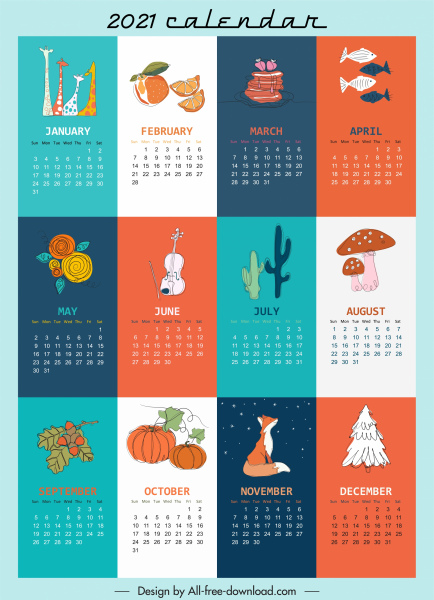 2021 calendar template colorful retro handdrawn symbols decor