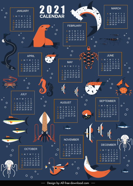 2021 calendar template marine creatures decor dark design