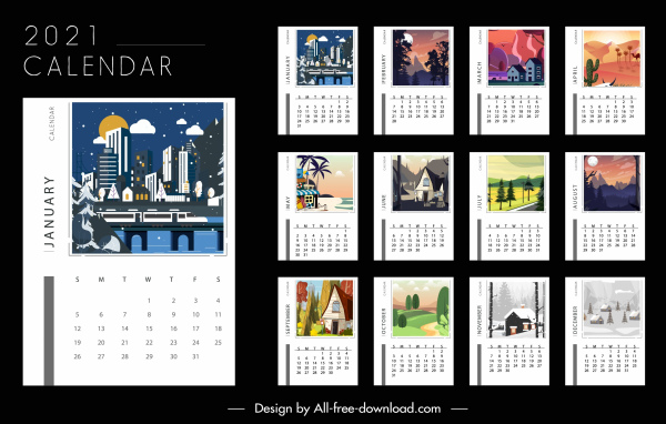 2021 calendar templates landscape decor colorful design