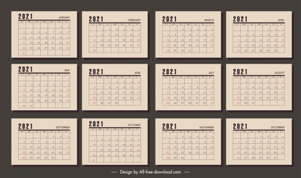 2021 calendar templates retro brown plain decor