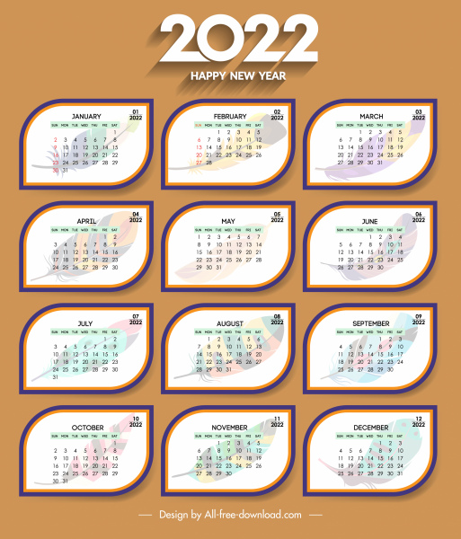 2022 calendar cover template rounded shapes elegant feathers
