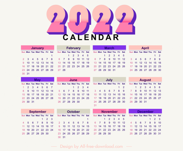 2022 calendar template bright colorful flat plain decor
