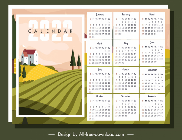 2022 calendar template countryside scene sketch 