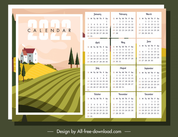 2022 calendar template countryside scene sketch