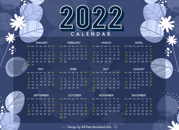 2022 calendar template dark nature elements decor