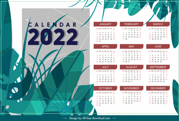 2022 calendar template elegant classical leaves decor