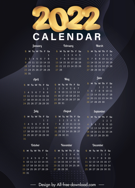 2022 calendar template elegant dark abstract swirled lines