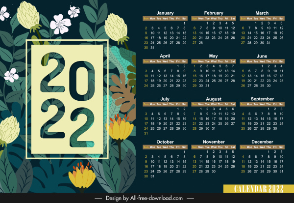 2022 calendar template elegant flowers dark multicolored