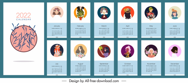2022 calendar template elegant portrait floral decor