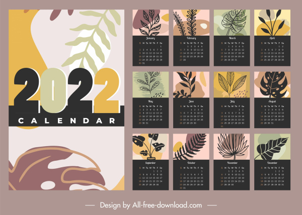 2022 calendar templates nature themes classical handdrawn leaf