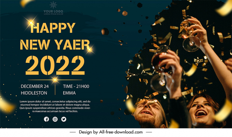 2022 new year banner template joyful people confetti sketch