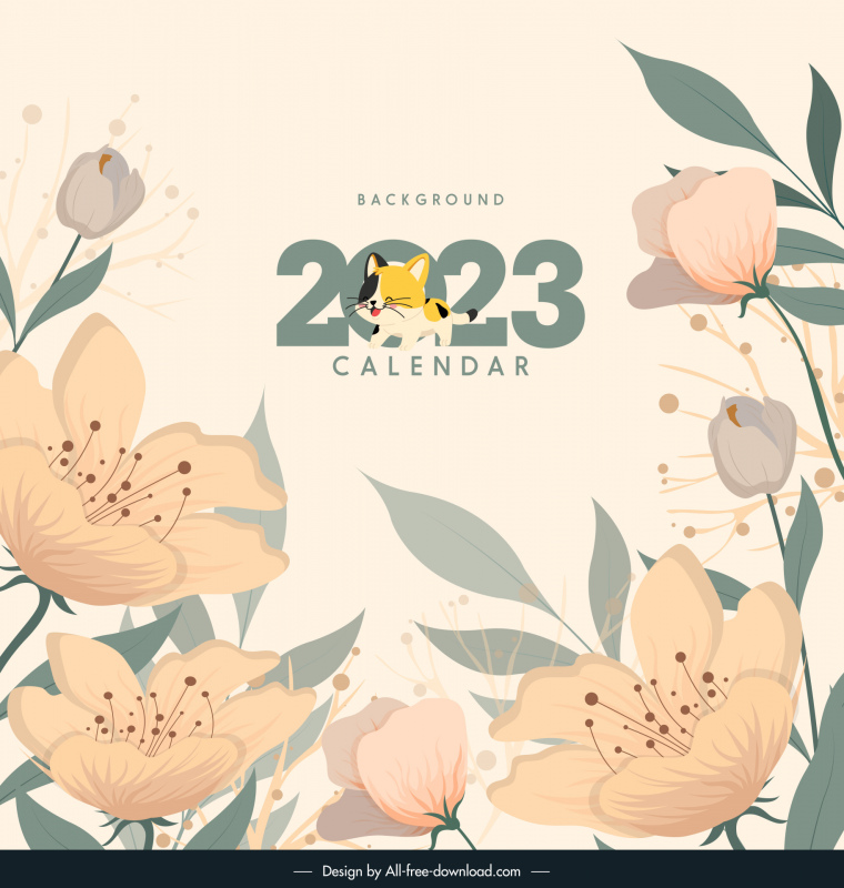2023 calendar backdrop template elegant classical flowers kitty decor