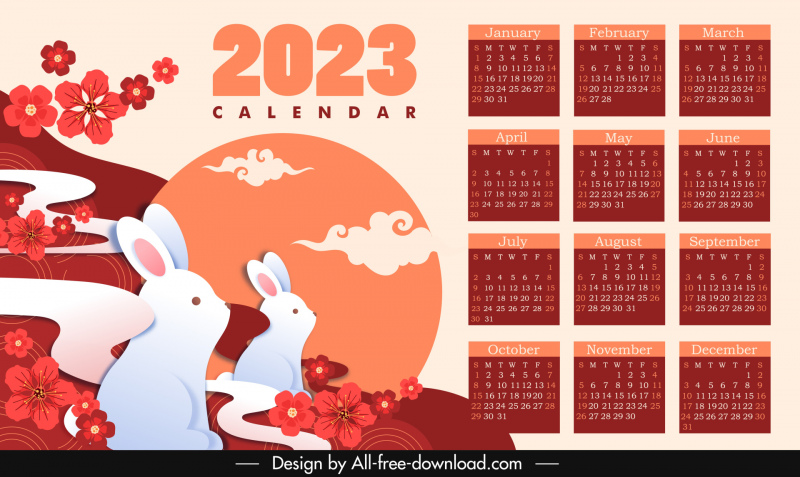 2023 calendar template elegant classical oriental rabbit sun petals clouds decor