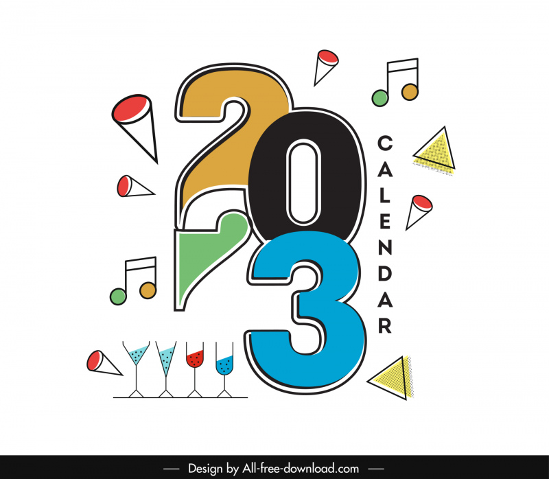 2023 calendar typography design elements flat dynamic number music notes triangles cocktail glasses decor