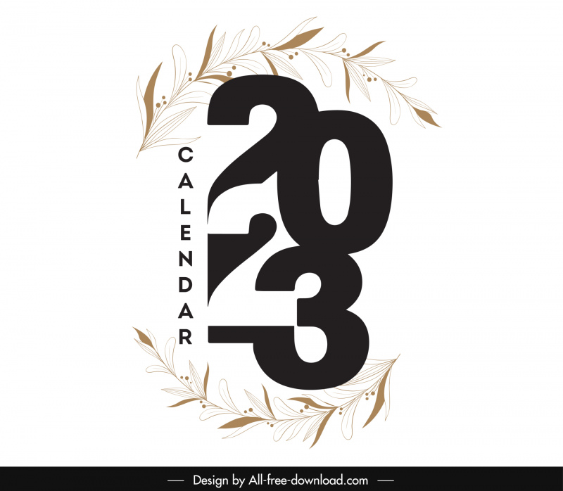 2023 calendar typography template elegant flat black white numbers leaves decor