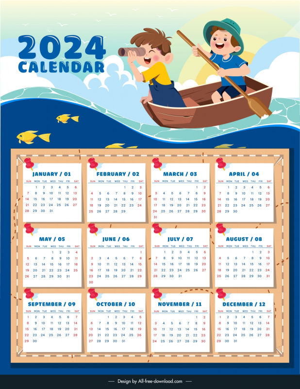 2024 calendar template cute cartoon children exploring sea adventure 