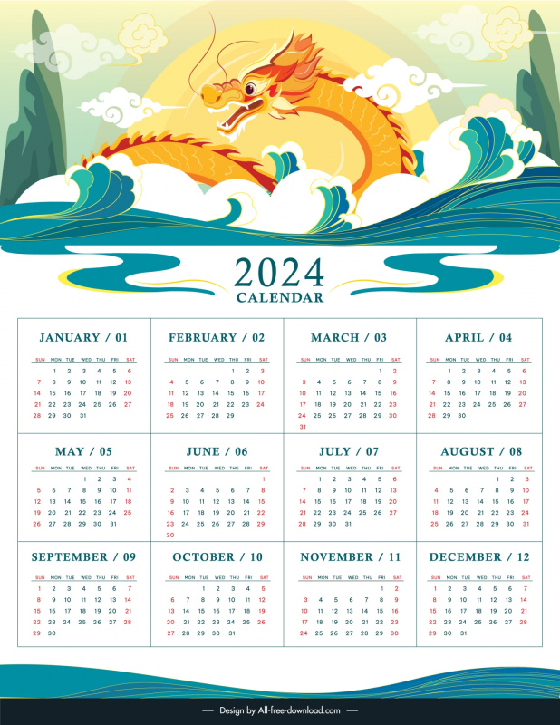 2024 new year calendar template dynamic oriental dragon  