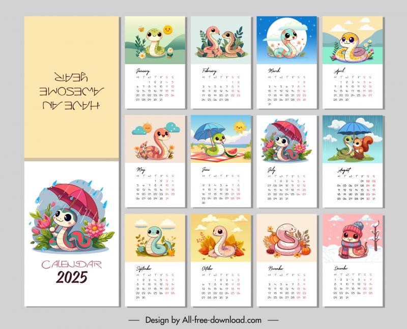 2025 calendar templates cute cartoon stylized snakes Vectors images