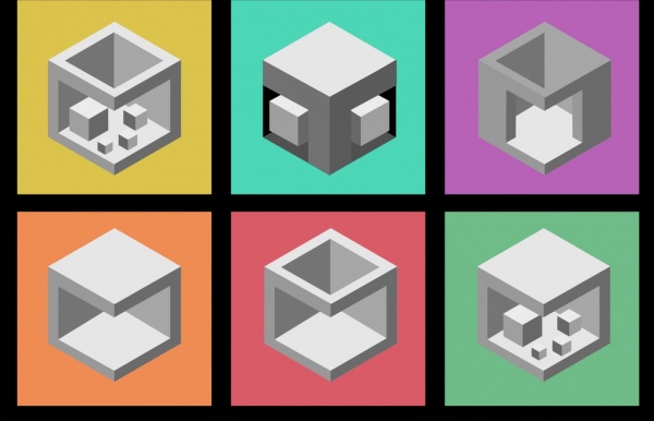 3d cube icons sketch various grey isolation 