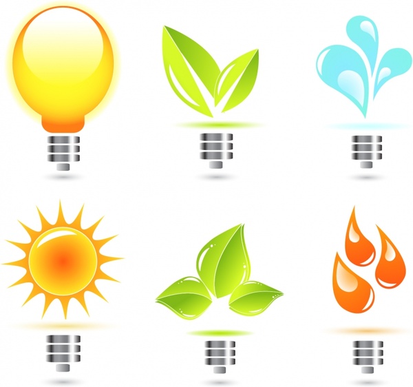 eco design elements lightbulb leaf sun droplet icons