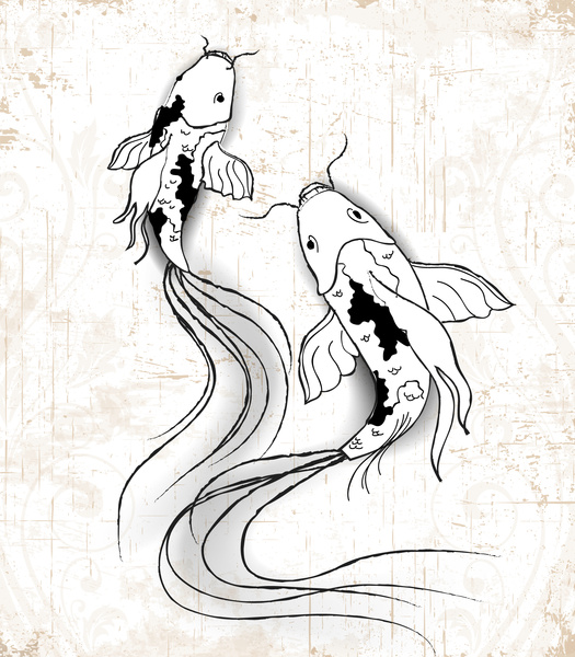 3d vector illsutration of hand drawn fishes painting