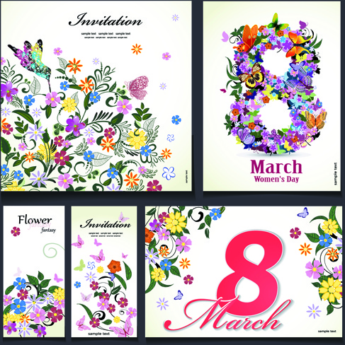 8 march flower invitation cards vectors set