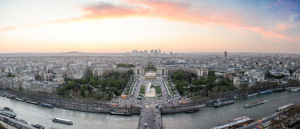 a standard panorama from the eiffel tower level 2 at the sunset facing nw